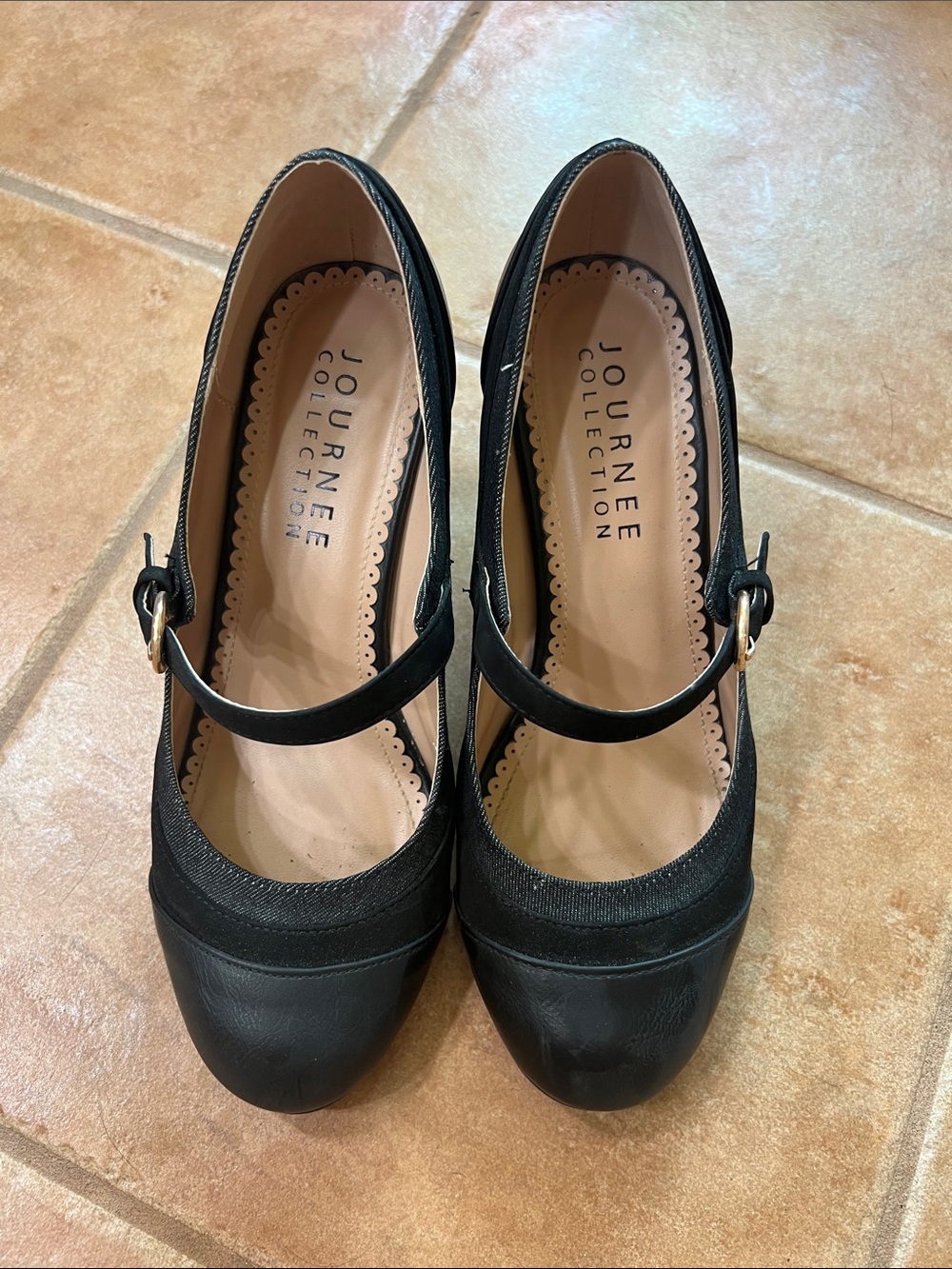 Journee Collection Black Mary Jane Heels with Gold Buckle Accent
